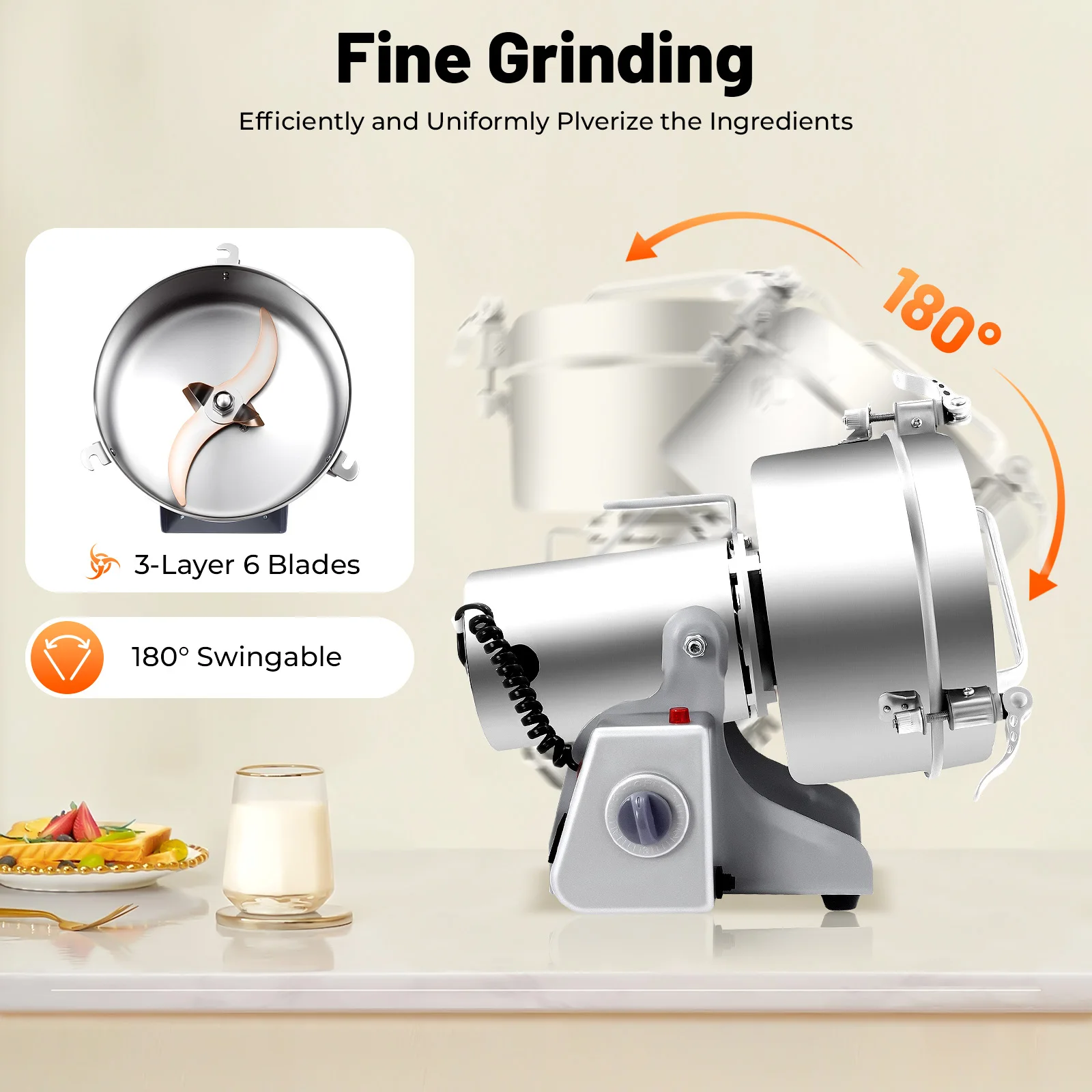 2500G 4500W High Power Grain Mill, Swing Spice Grinders, 304 Stainless Steel Grain Spices Mill, Medicine Wheat Mixer,Grinder Coffee Beans Machine for Homes, Clinics, Hospitals, Pharmacies