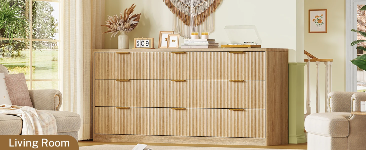 63" Dresser for Bedroom with 9 Drawers, Modern Dressers & Chest of Drawers with Metal Handles, Fluted Dresser, Wood Closet Cloth