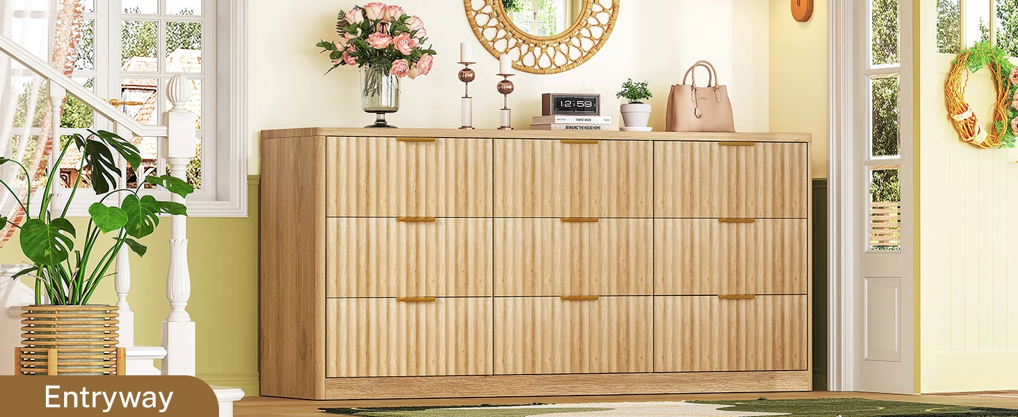 63" Dresser for Bedroom with 9 Drawers, Modern Dressers & Chest of Drawers with Metal Handles, Fluted Dresser, Wood Closet Cloth
