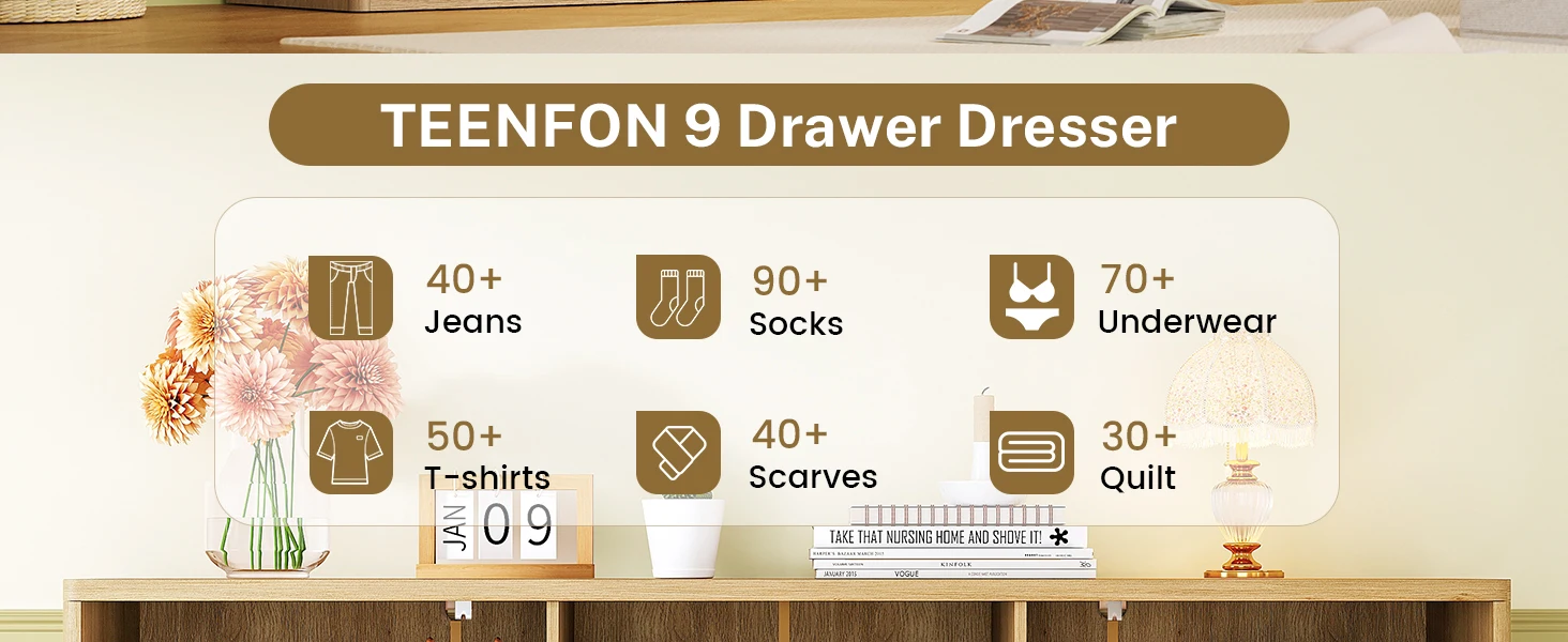 63" Dresser for Bedroom with 9 Drawers, Modern Dressers & Chest of Drawers with Metal Handles, Fluted Dresser, Wood Closet Cloth