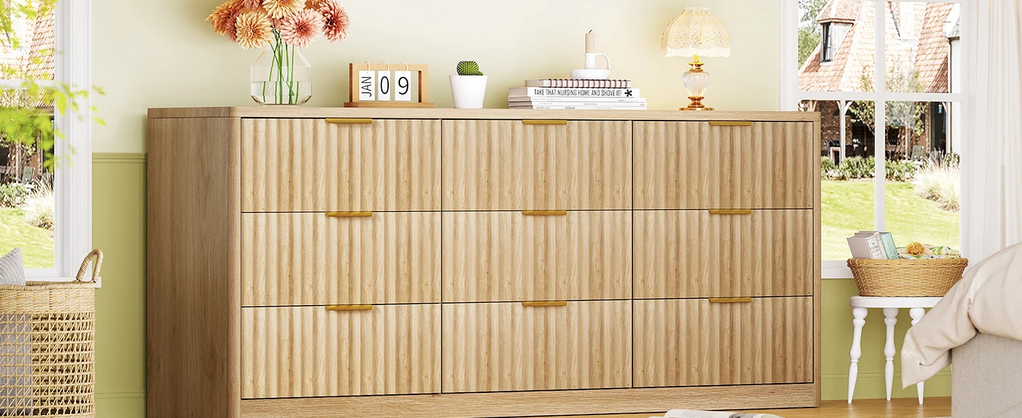 63" Dresser for Bedroom with 9 Drawers, Modern Dressers & Chest of Drawers with Metal Handles, Fluted Dresser, Wood Closet Cloth