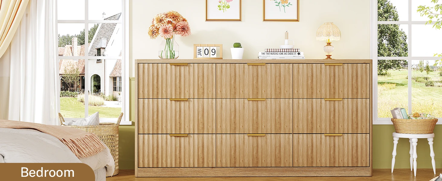 63" Dresser for Bedroom with 9 Drawers, Modern Dressers & Chest of Drawers with Metal Handles, Fluted Dresser, Wood Closet Cloth