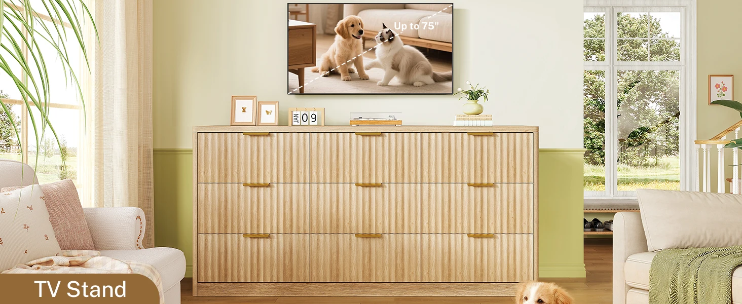 63" Dresser for Bedroom with 9 Drawers, Modern Dressers & Chest of Drawers with Metal Handles, Fluted Dresser, Wood Closet Cloth