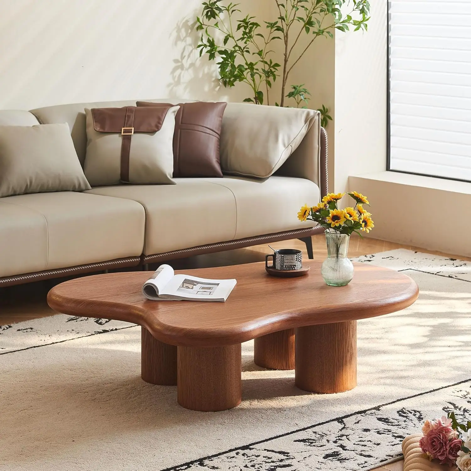 48 Inch Cloud Coffee Table, Modern Walnut Coffee Table for Living Room, Large Wood Coffee Side Table with Irregular, Customized