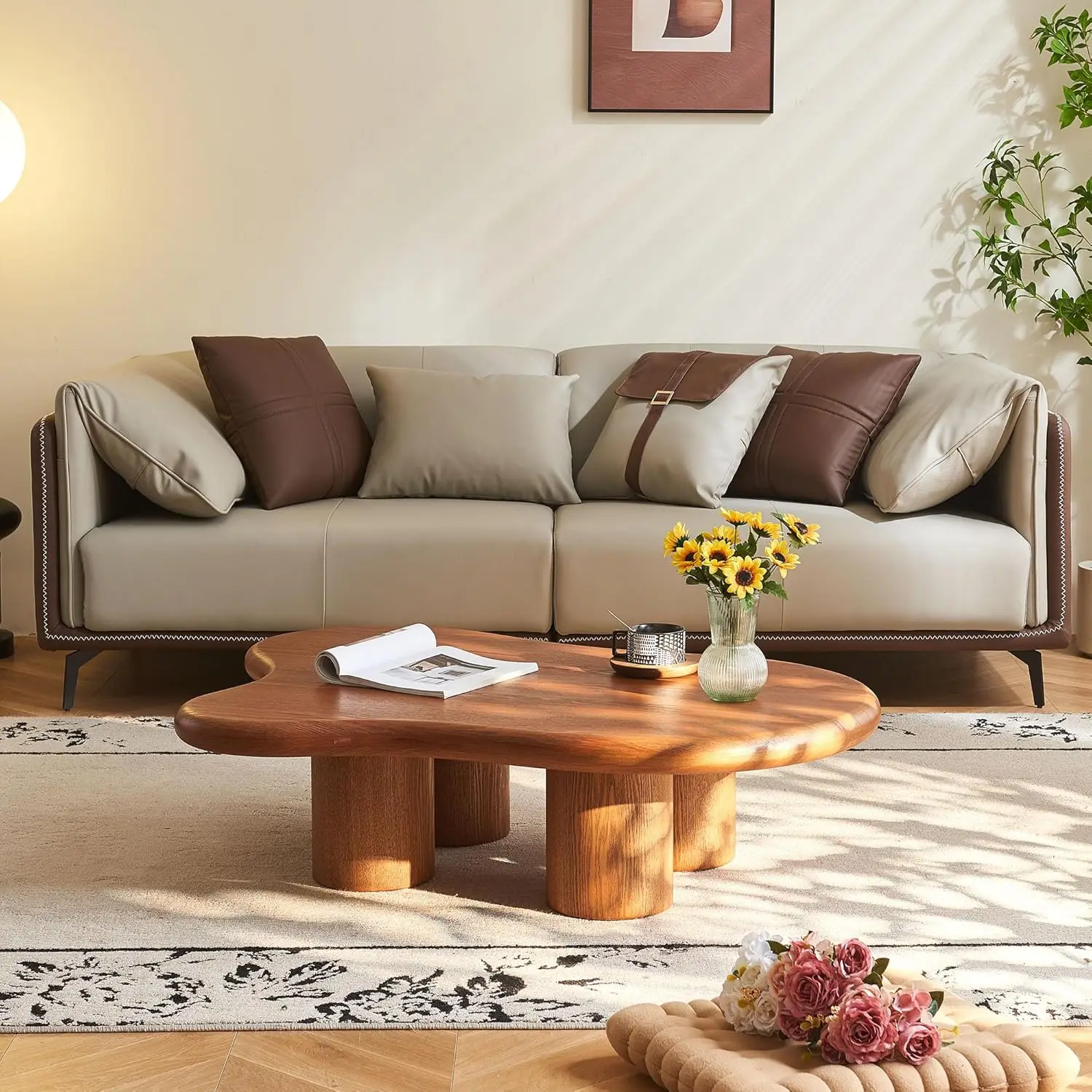 48 Inch Cloud Coffee Table, Modern Walnut Coffee Table for Living Room, Large Wood Coffee Side Table with Irregular, Customized