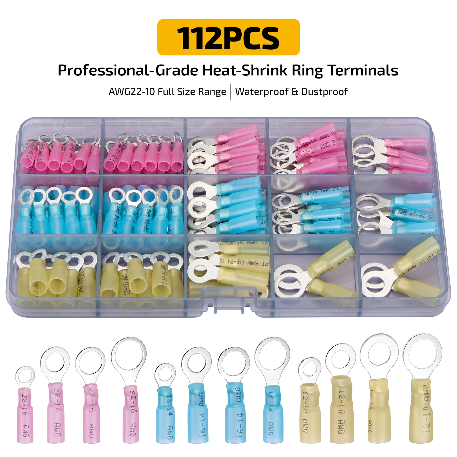 112pcs Heat Shrink Ring Terminals Electrical Wire Connectors M5/M6/M8/M10 Waterproof Auto Marine Electrical Crimp Wire Terminals