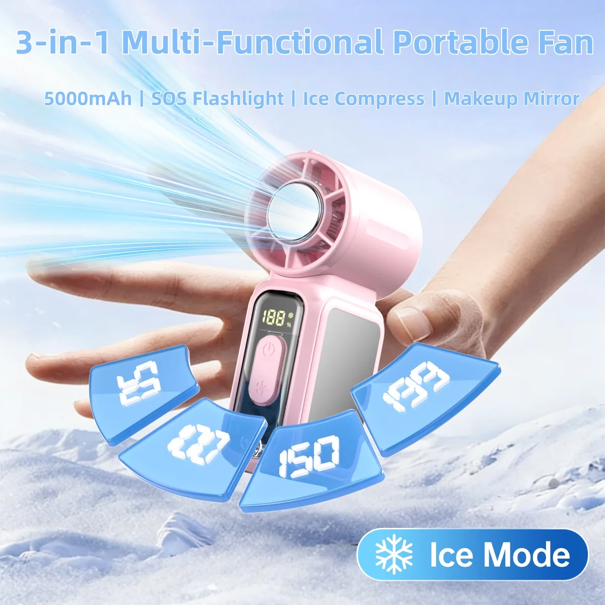 Portable Ice Cooling Fan,Handheld Neck Mini Fan With Makeup Mirror,5000mAh 13H Long Lasting,199 Speed Adjustable,LED Flashlight&SOS Light,Type-C Rechargeable Ultra Quiet Fan For Camping Outdoor Work Travel Dorm Truck,Gift Use,Random Cat/Butterfly Sticker