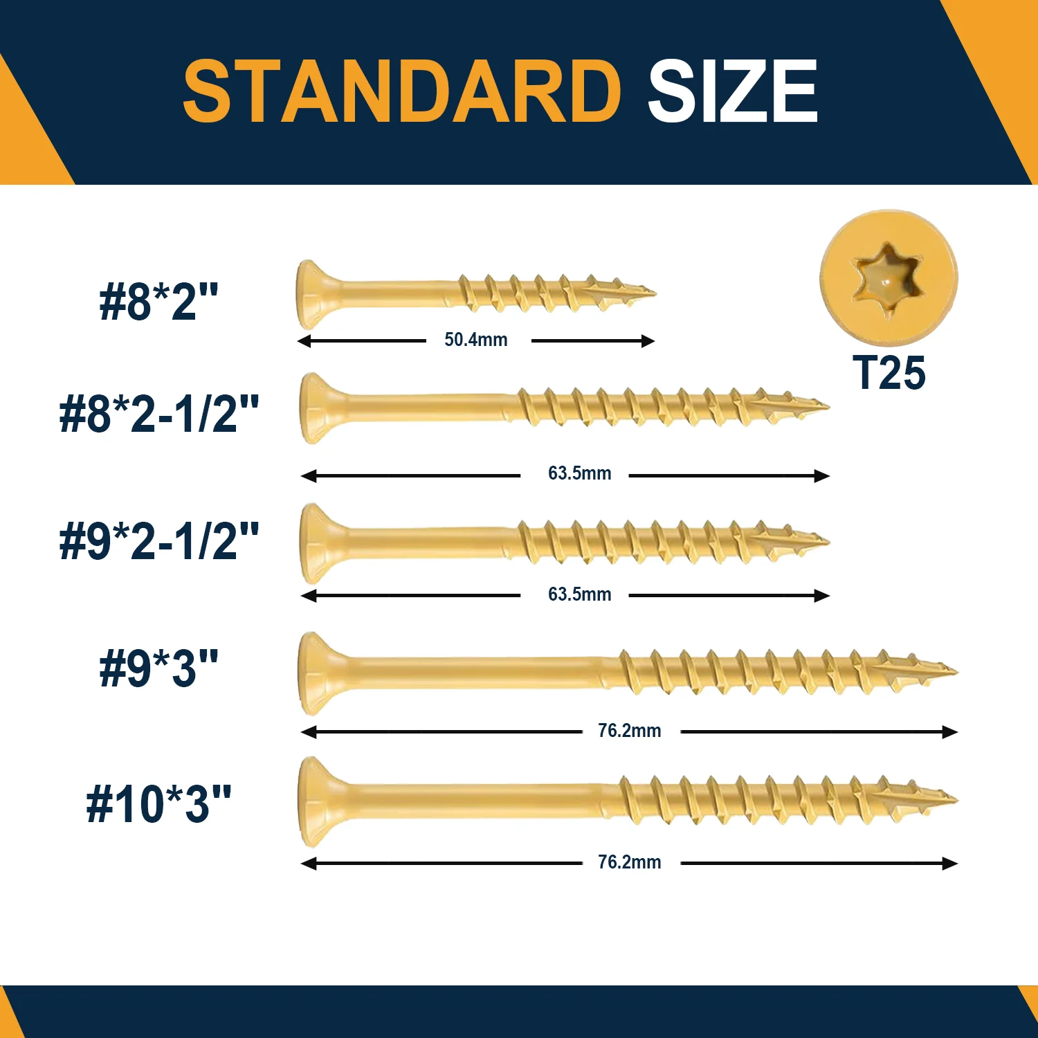 VKKM #8 X 2' Tan Exterior Deck Screws 400pcs, T25 Torx Star Drive Anti-Corrosion Carbon Steel Countersunk Flat Head Self-Tapping Screws for Decking, Fencing, Outdoor & Indoor Wood Projects, with Free T25 Bit