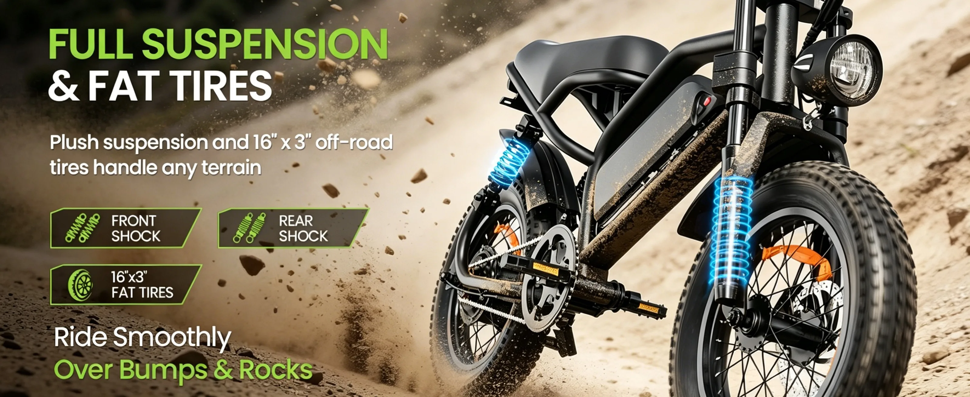 Spacewalk 16" Electric Bike for Adults/Teens, Peak 1500W & 65 Miles Long Range, 48V 15.6Ah Battery, Up to 28Mph, Full Suspension Fat Tire All-Terrain EBike on Mountains,Snow,Sand