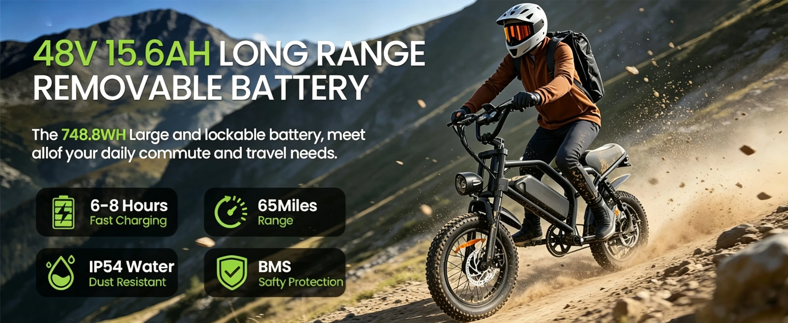Spacewalk 16" Electric Bike for Adults/Teens, Peak 1500W & 65 Miles Long Range, 48V 15.6Ah Battery, Up to 28Mph, Full Suspension Fat Tire All-Terrain EBike on Mountains,Snow,Sand