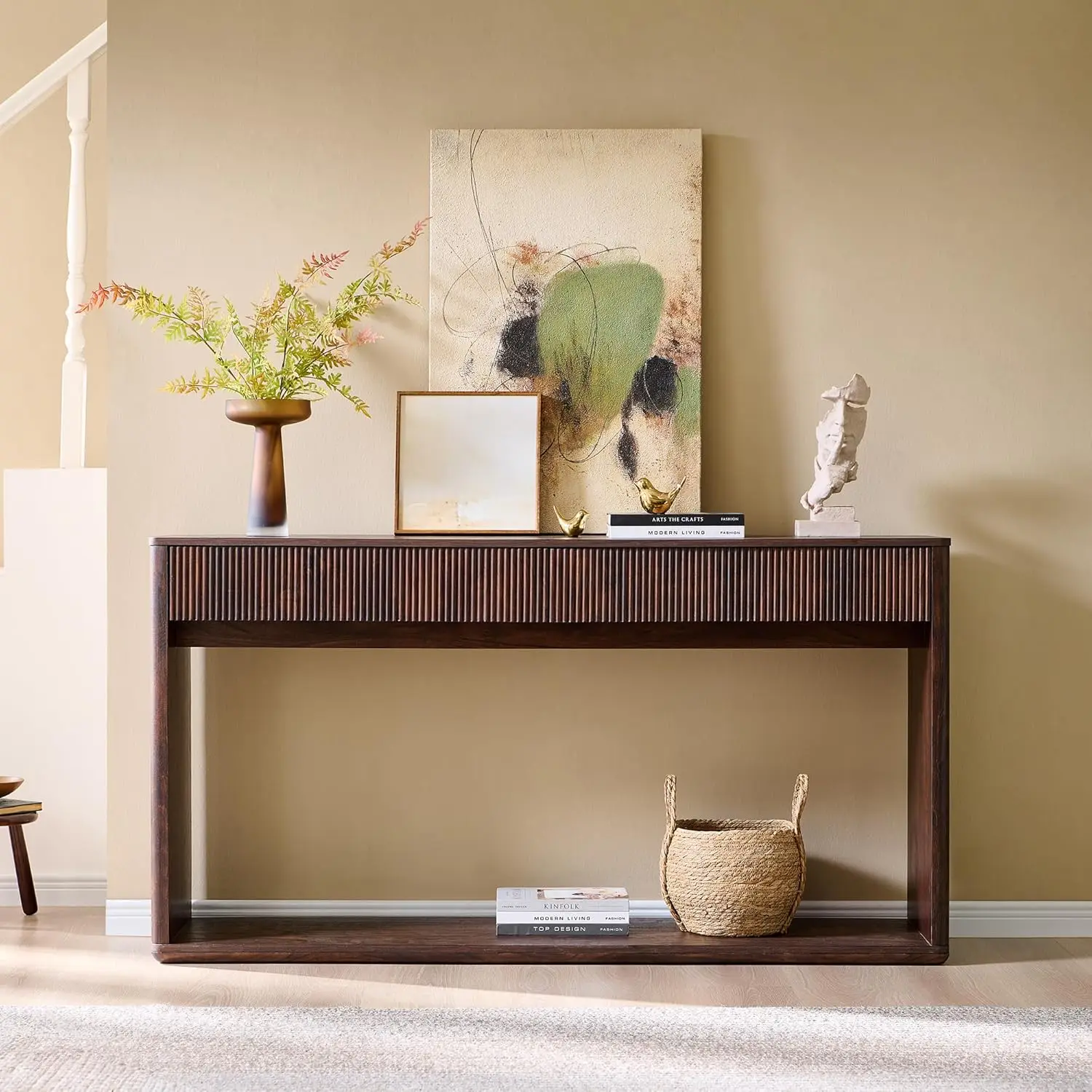 63" Fluted Console Table with 2 Large Drawers Long Entryway Sofa Table for Living Room Hallway Foyer Dark Walnut, Customized