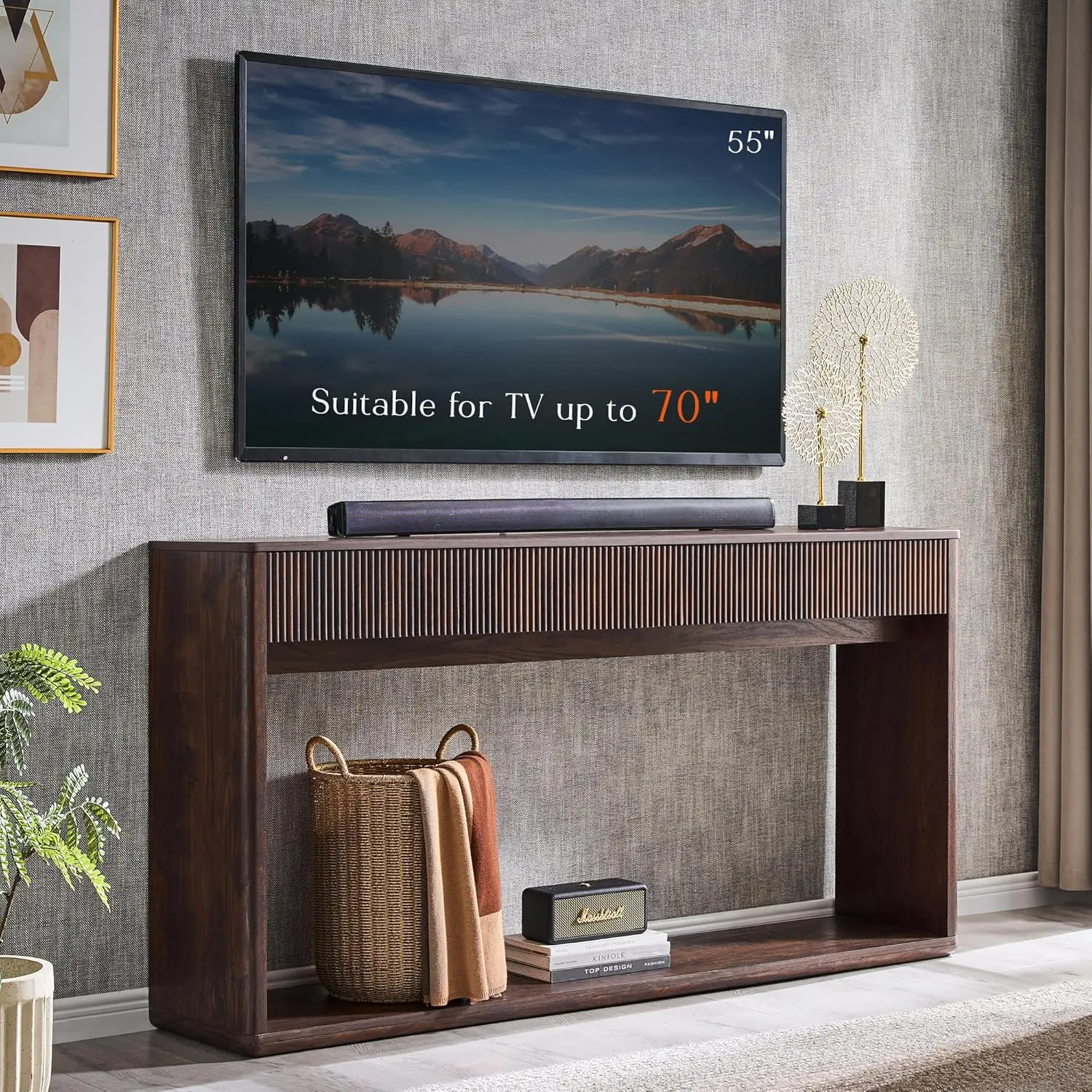 63" Fluted Console Table with 2 Large Drawers Long Entryway Sofa Table for Living Room Hallway Foyer Dark Walnut, Customized