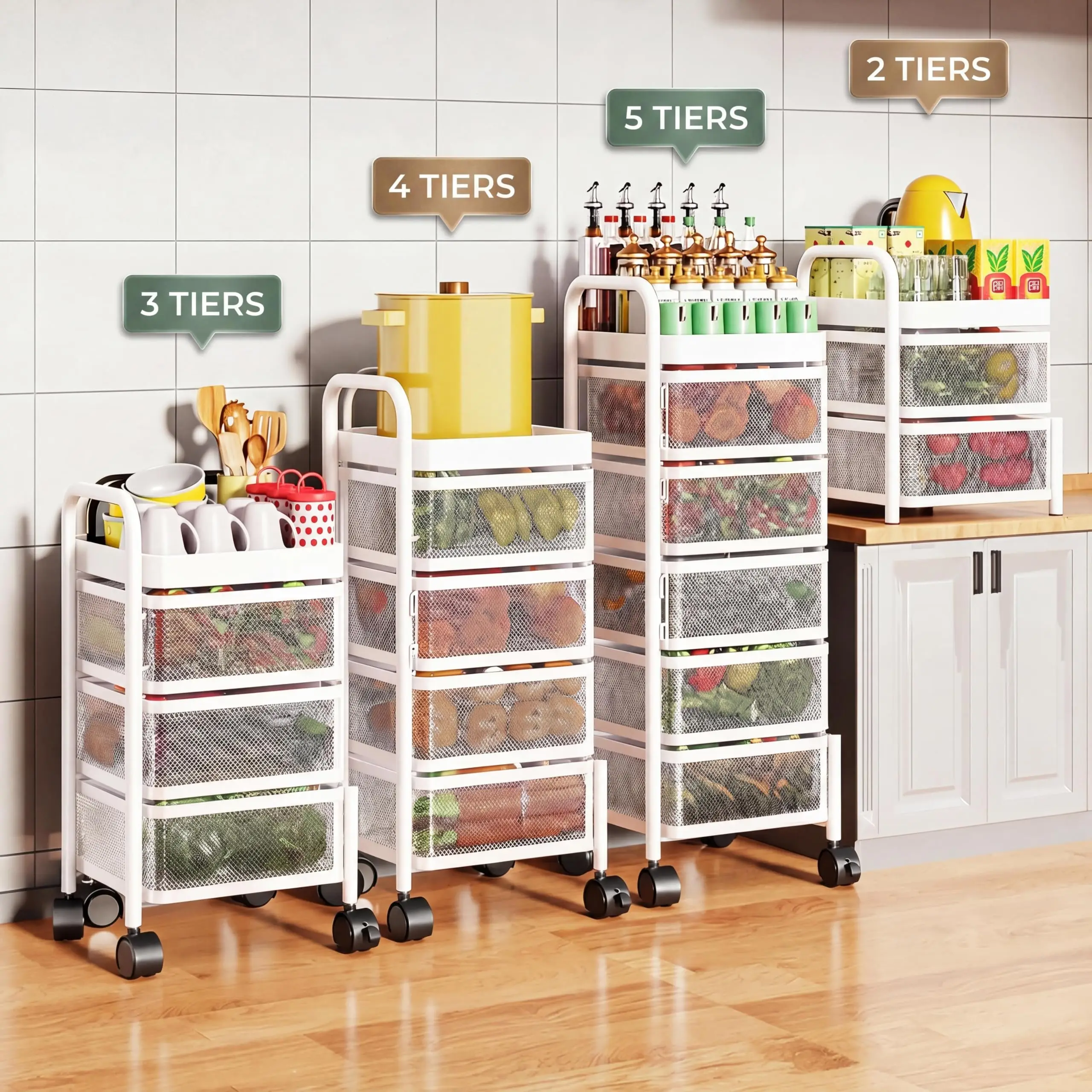 4 5 Tier Rotating Kitchen Storage Cart Thickened Carbon Steel With Wheels Top Lid Fruit Vegetable Basket Mobile Produce Organizer Utility Rack For Bathroom Living Room No Assembly Required