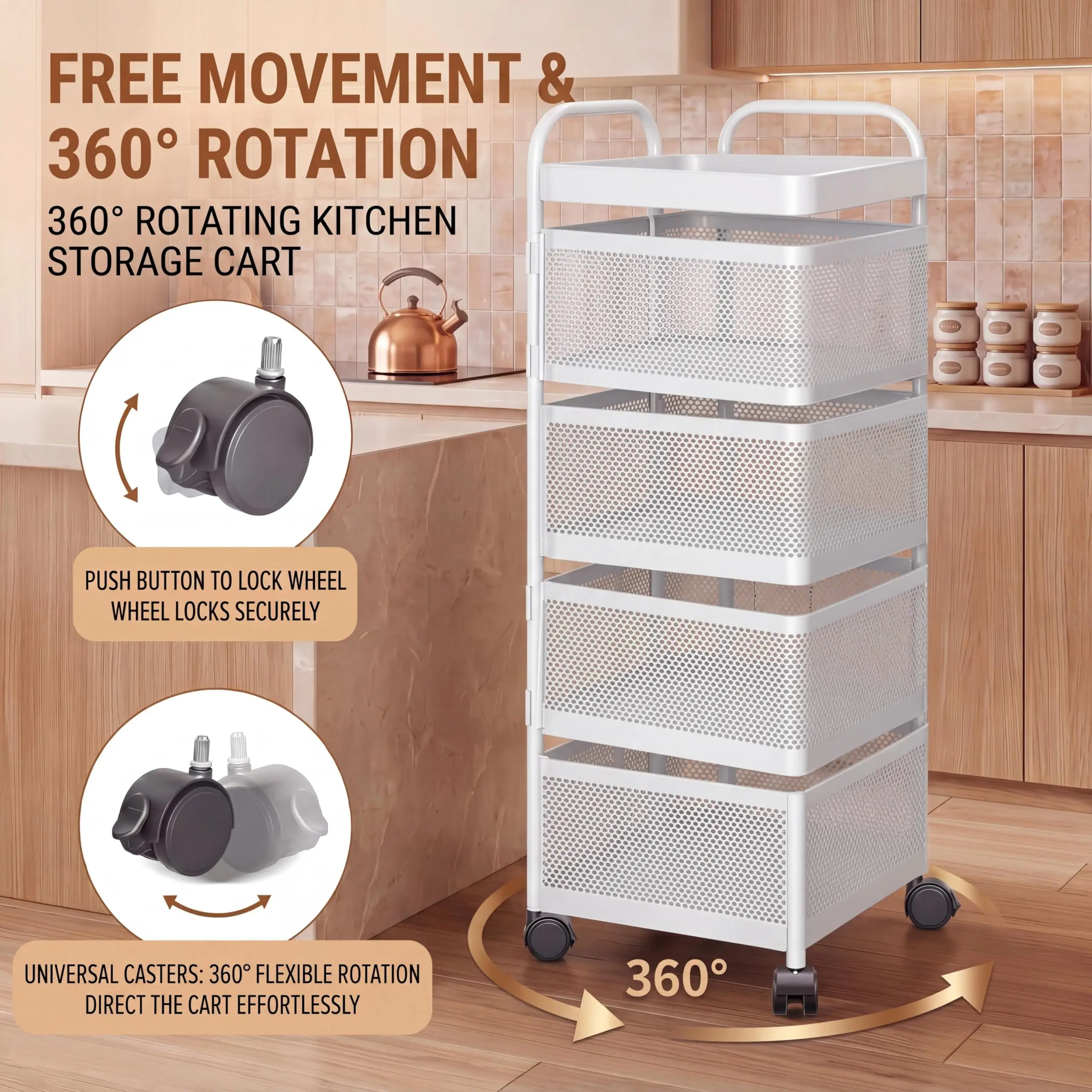 4 5 Tier Rotating Kitchen Storage Cart Thickened Carbon Steel With Wheels Top Lid Fruit Vegetable Basket Mobile Produce Organizer Utility Rack For Bathroom Living Room No Assembly Required