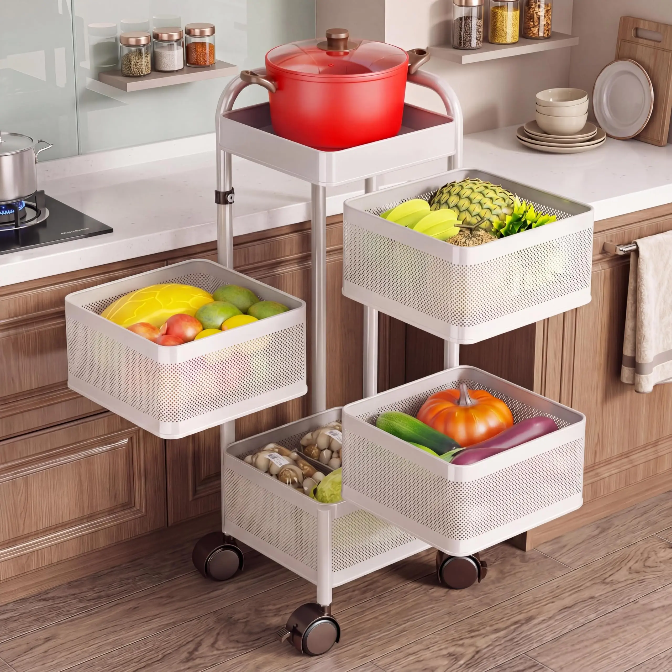 4 5 Tier Rotating Kitchen Storage Cart Thickened Carbon Steel With Wheels Top Lid Fruit Vegetable Basket Mobile Produce Organizer Utility Rack For Bathroom Living Room No Assembly Required