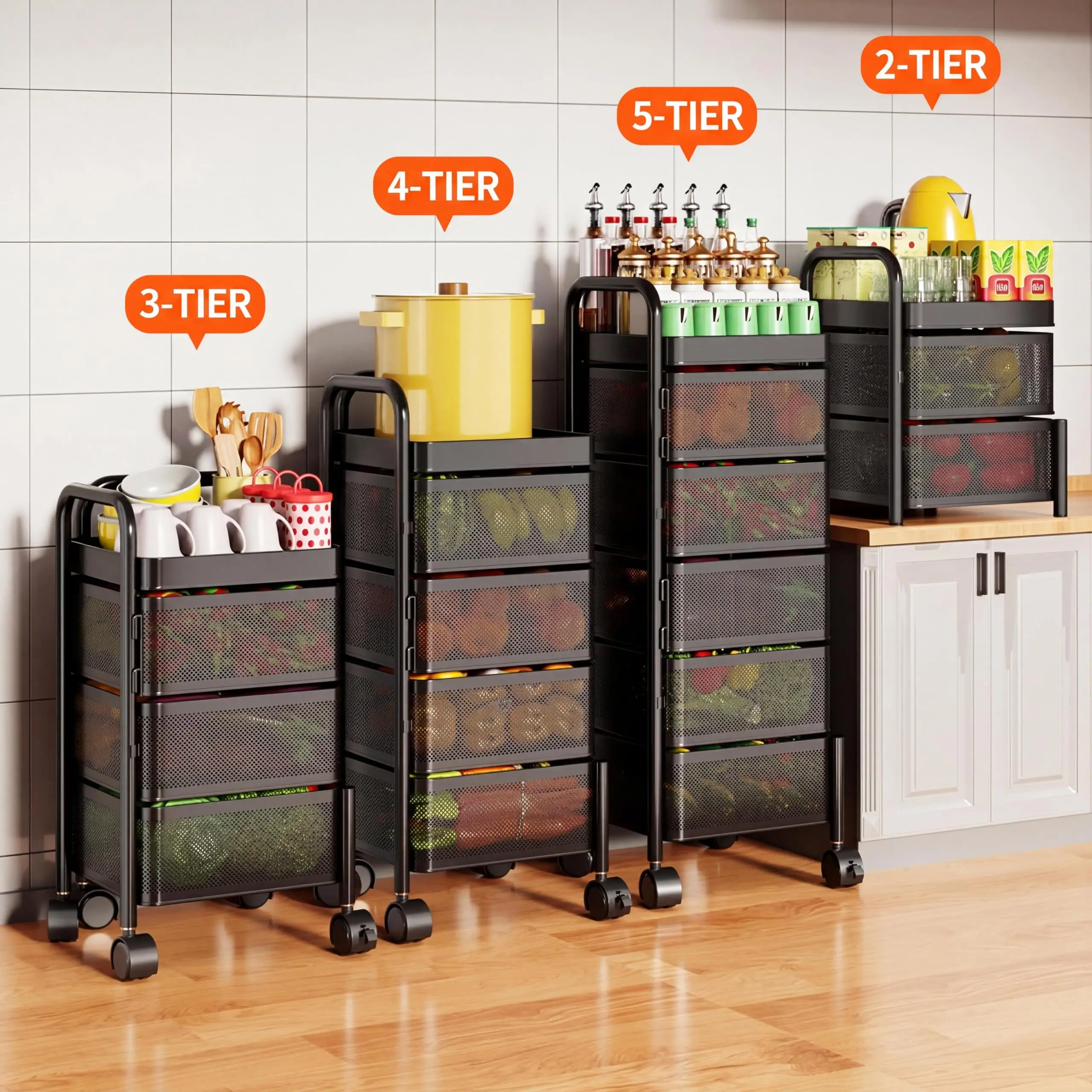 4 5 Tier Rotating Kitchen Storage Cart Thickened Carbon Steel With Wheels Top Lid Fruit Vegetable Basket Mobile Produce Organizer Utility Rack For Bathroom Living Room No Assembly Required