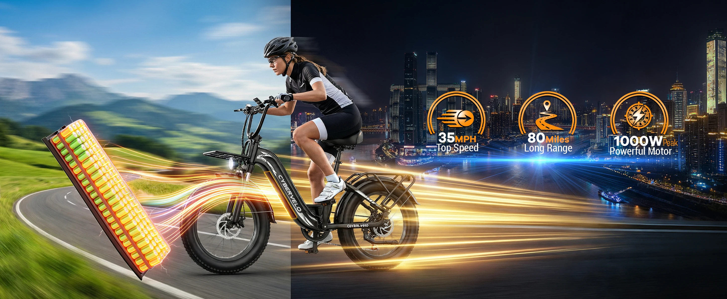 Cybervelo 1000W Motor Peak Electric Bike for Adults 48V 20AH Removable Battery Step Thru EBike 30+MPH 80 Miles Max Range 20" Fat Tire Electric Bicycles with 7 Speed EK8