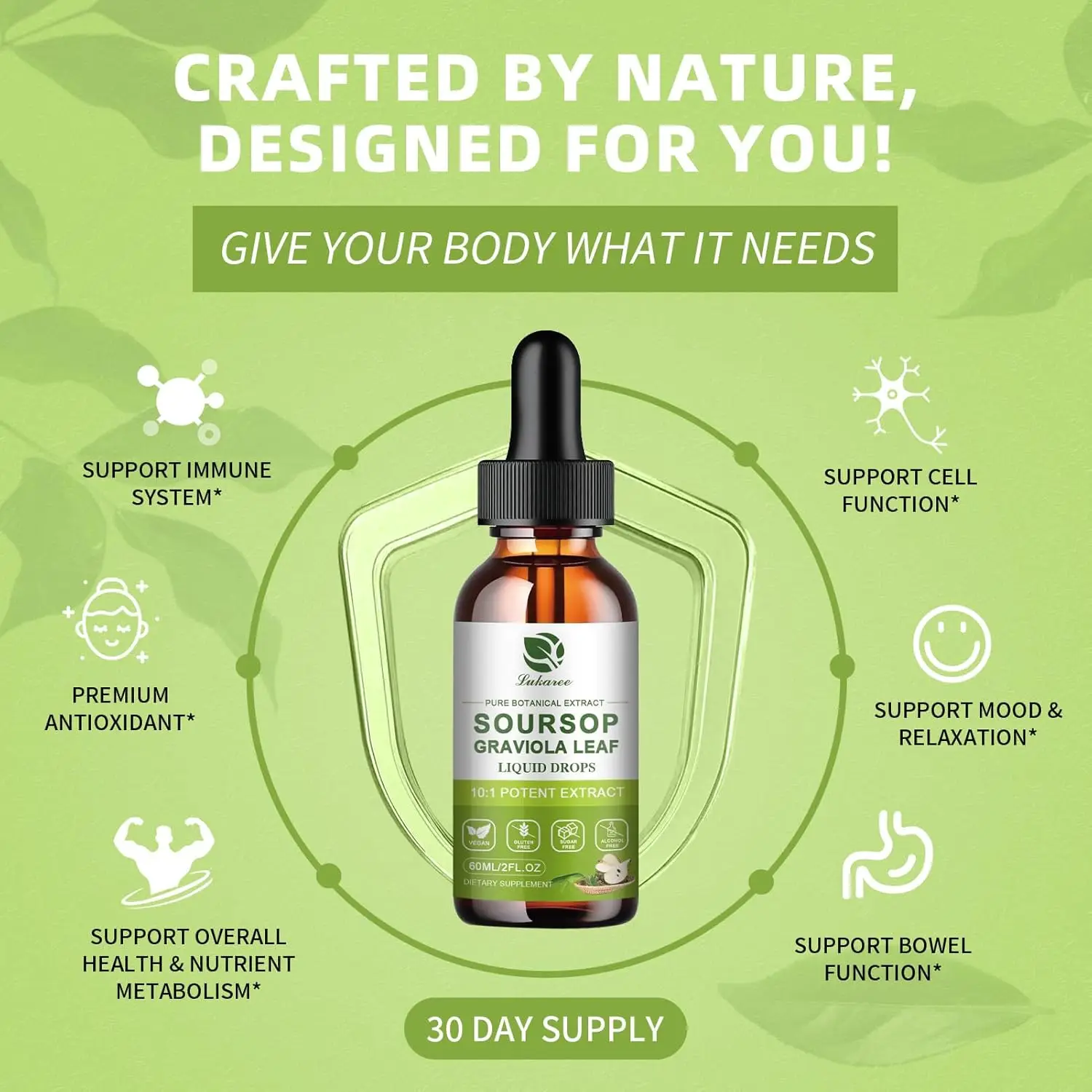 Lukaree Pure Soursop Graviola Leaf Drop with Cold Extractfor Immunity, Gut Health & Natural Energy Support Vegan Gluten-Free