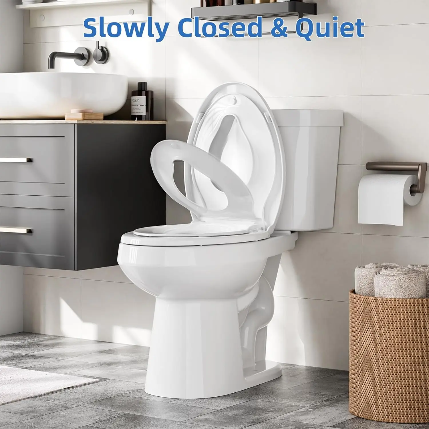 Toilet Seat (Optional Built-in Toddler Seat) Quiet Close, Non-Slip Bumpers White Potty Training Toilet Seat for Family Bathroom