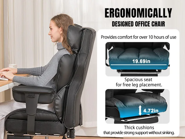 Office Chair Ergonomic Leather High Back Gaming Chair with Footrest, Adjustable Armrests