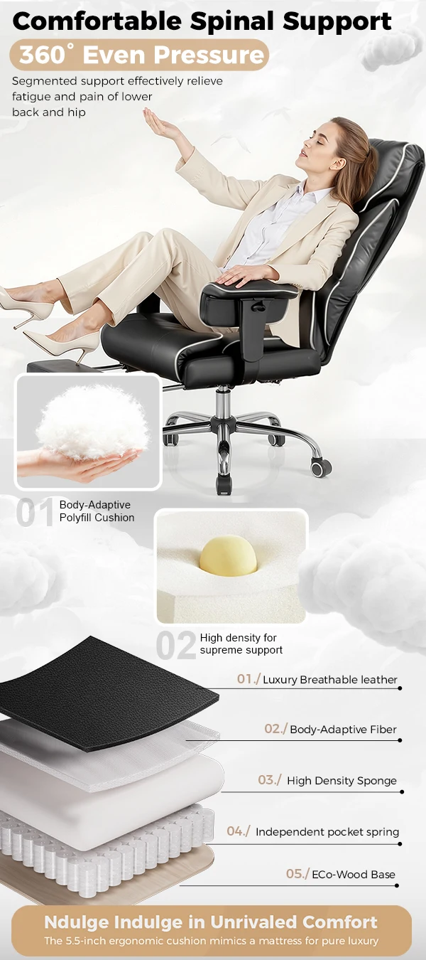 COMHOMA Big and Tall Office Chair 400lbs High Back Leather Executive Chair with Ergonomic Lumbar Support & Pocket Spring Cushion