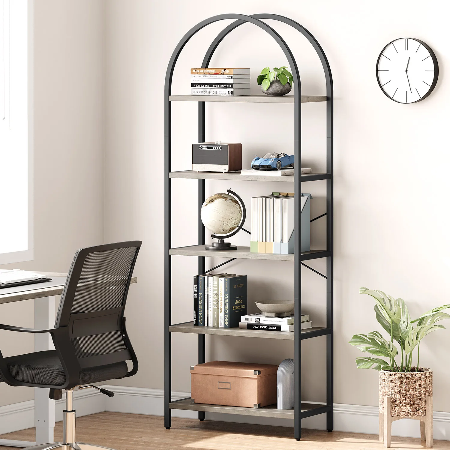5-Tier Arched Bookshelf, 180cm Tall Industrial Open Bookcase, Freestanding Display Rack Metal Wooden Storage Shelving Units
