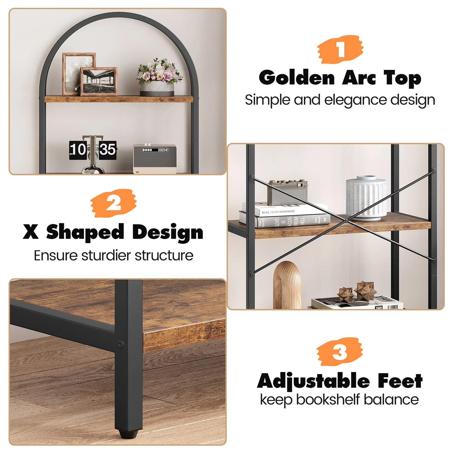 5-Tier Arched Bookshelf, 180cm Tall Industrial Open Bookcase, Freestanding Display Rack Metal Wooden Storage Shelving Units