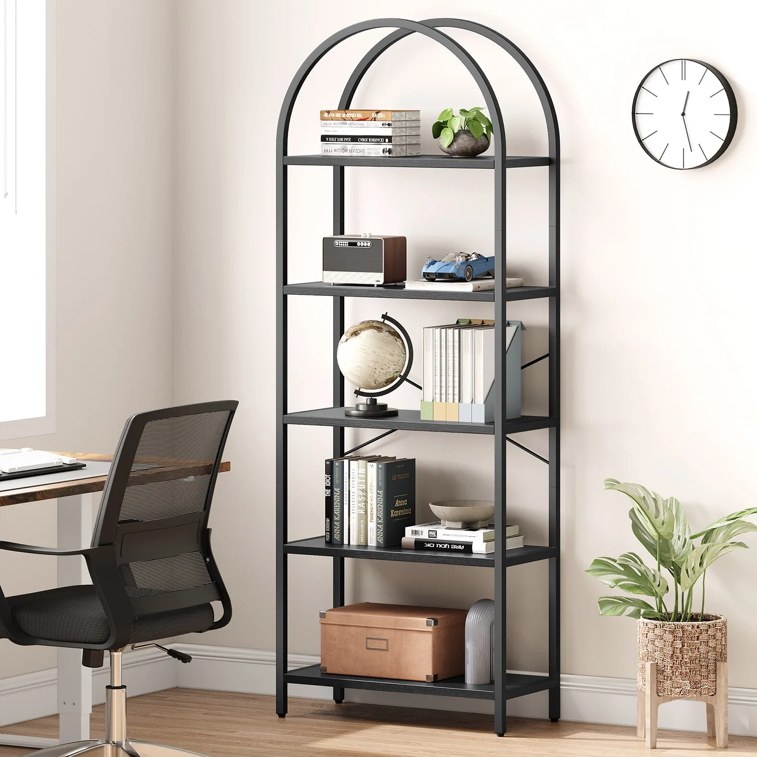 5-Tier Arched Bookshelf, 180cm Tall Industrial Open Bookcase, Freestanding Display Rack Metal Wooden Storage Shelving Units