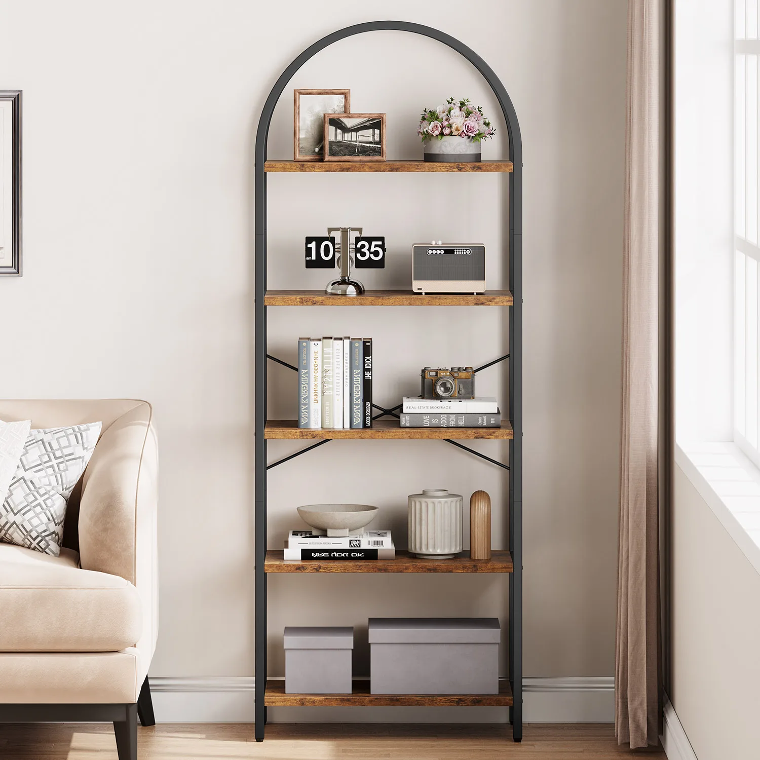 5-Tier Arched Bookshelf, 180cm Tall Industrial Open Bookcase, Freestanding Display Rack Metal Wooden Storage Shelving Units