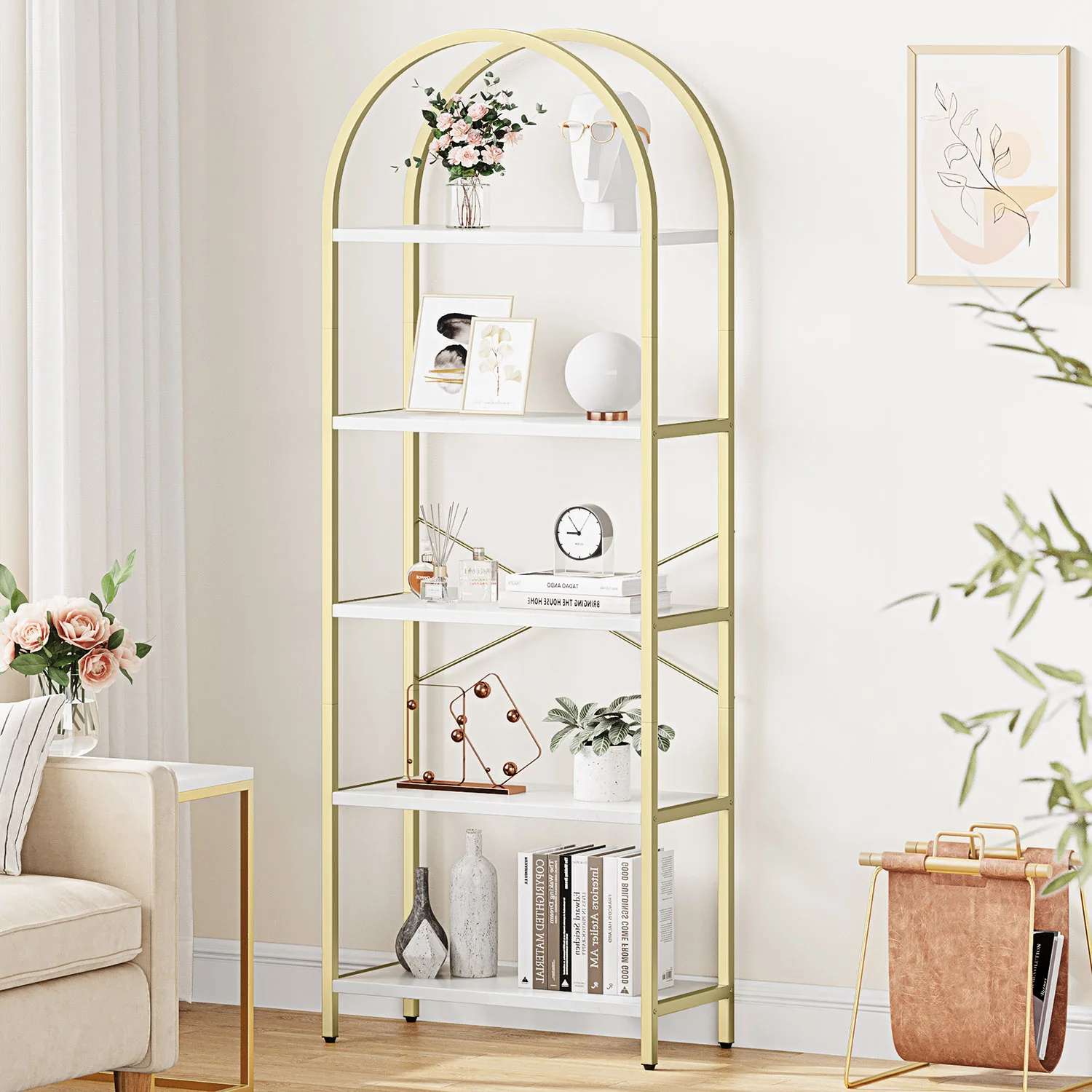 5-Tier Arched Bookshelf, 180cm Tall Industrial Open Bookcase, Freestanding Display Rack Metal Wooden Storage Shelving Units