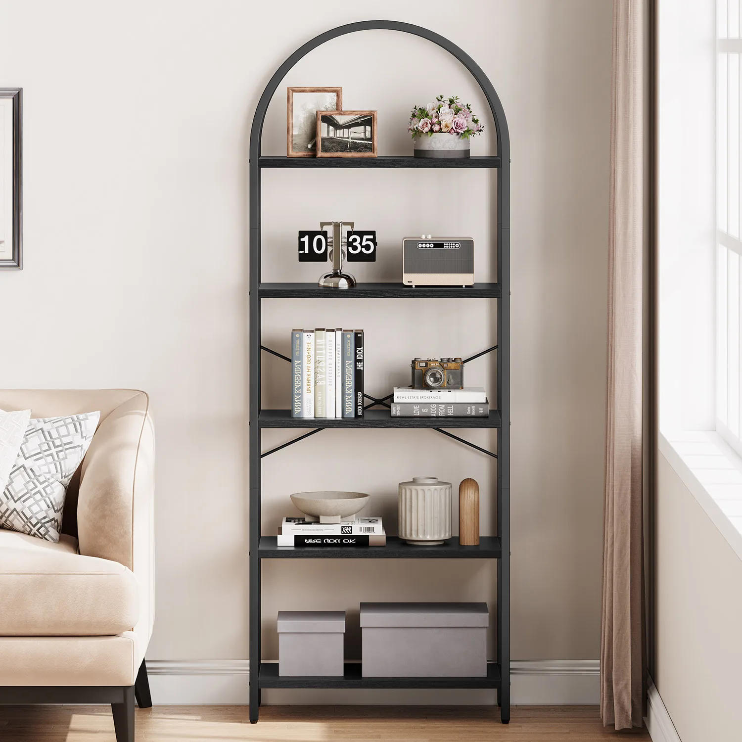5-Tier Arched Bookshelf, 180cm Tall Industrial Open Bookcase, Freestanding Display Rack Metal Wooden Storage Shelving Units