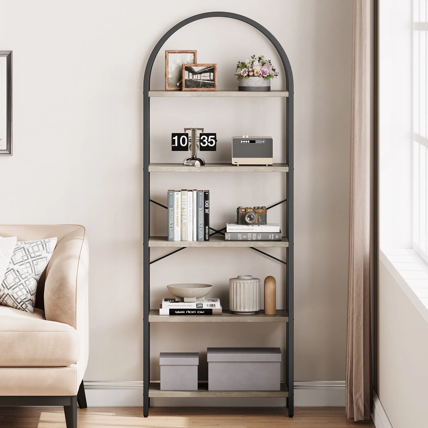 5-Tier Arched Bookshelf, 180cm Tall Industrial Open Bookcase, Freestanding Display Rack Metal Wooden Storage Shelving Units