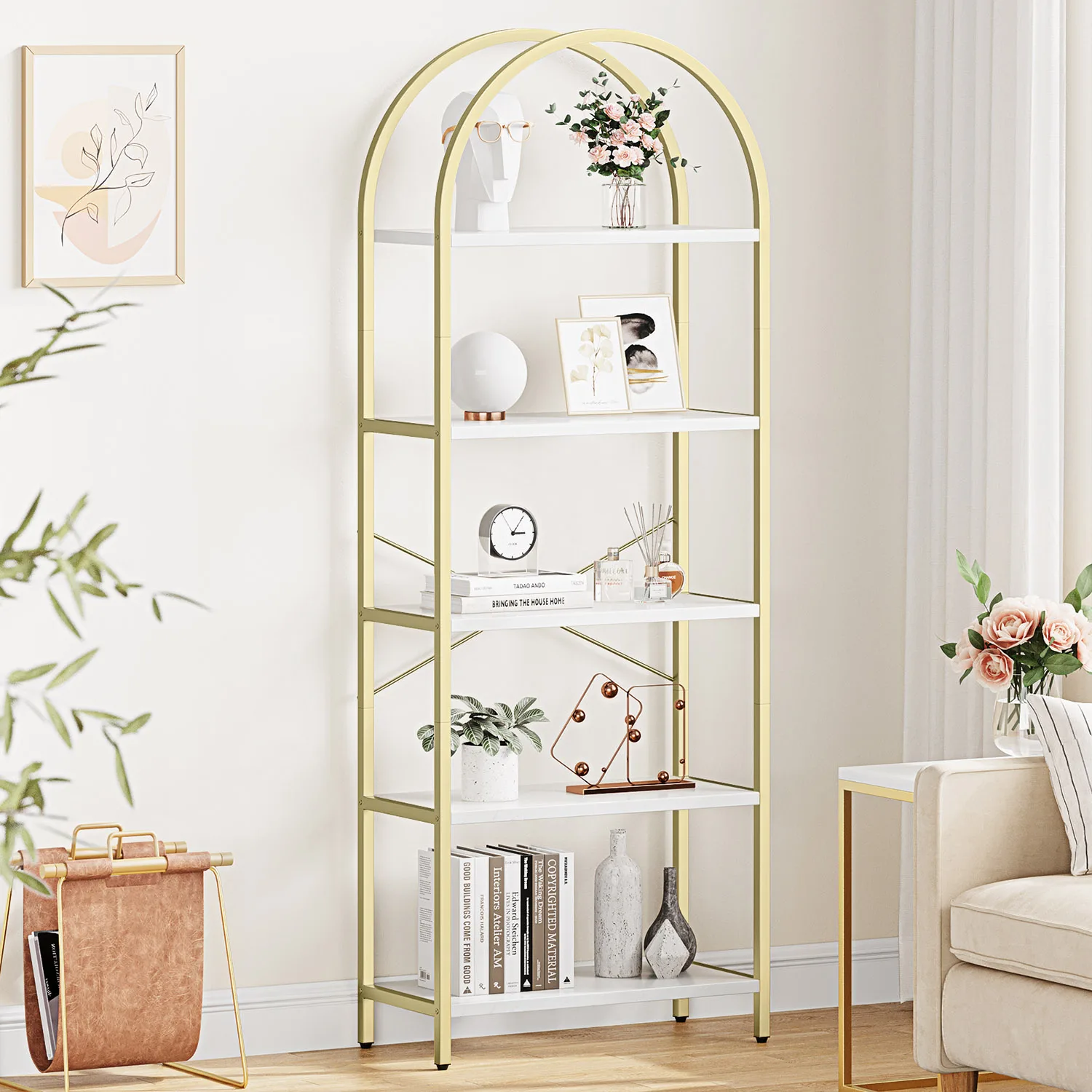 5-Tier Arched Bookshelf, 180cm Tall Industrial Open Bookcase, Freestanding Display Rack Metal Wooden Storage Shelving Units