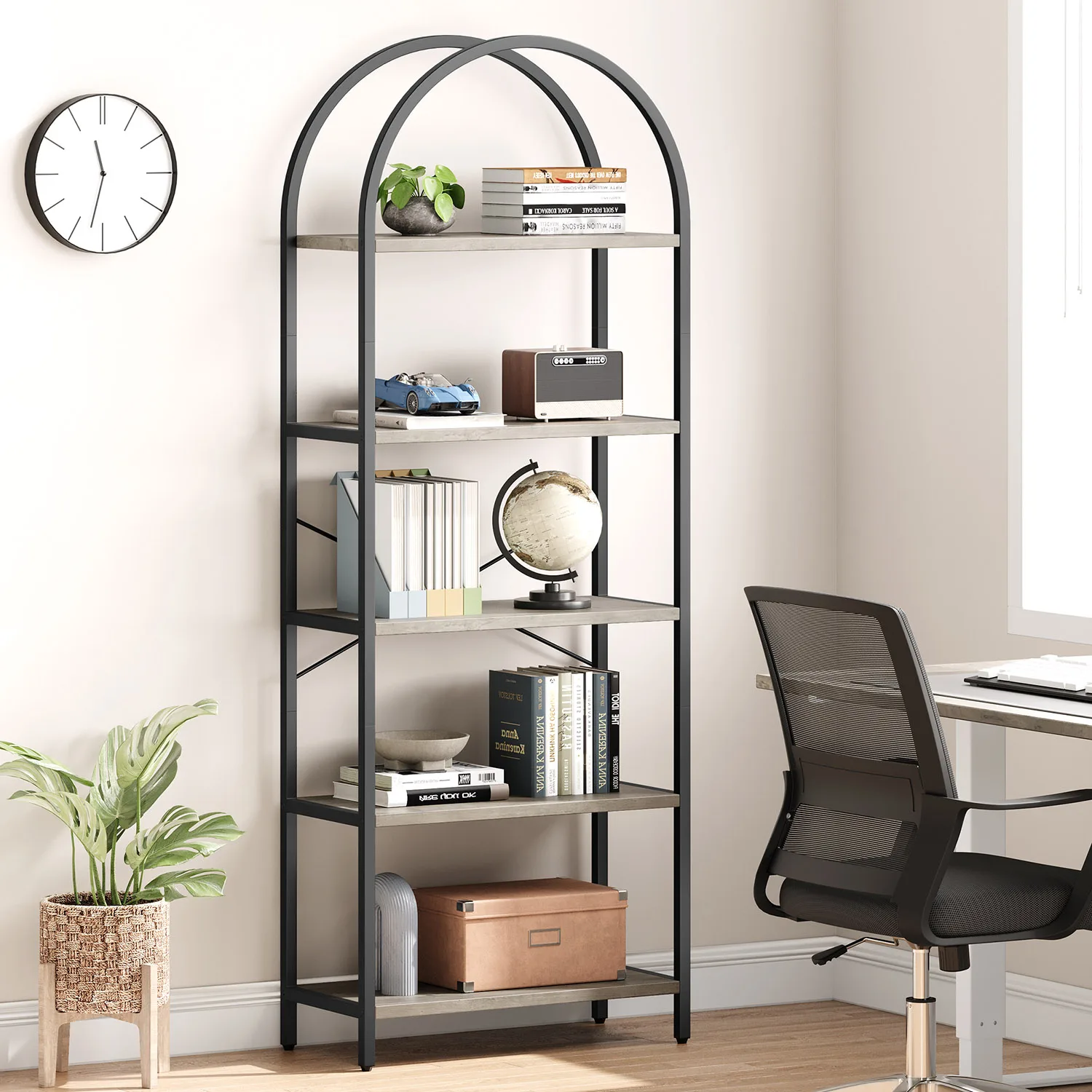 5-Tier Arched Bookshelf, 180cm Tall Industrial Open Bookcase, Freestanding Display Rack Metal Wooden Storage Shelving Units
