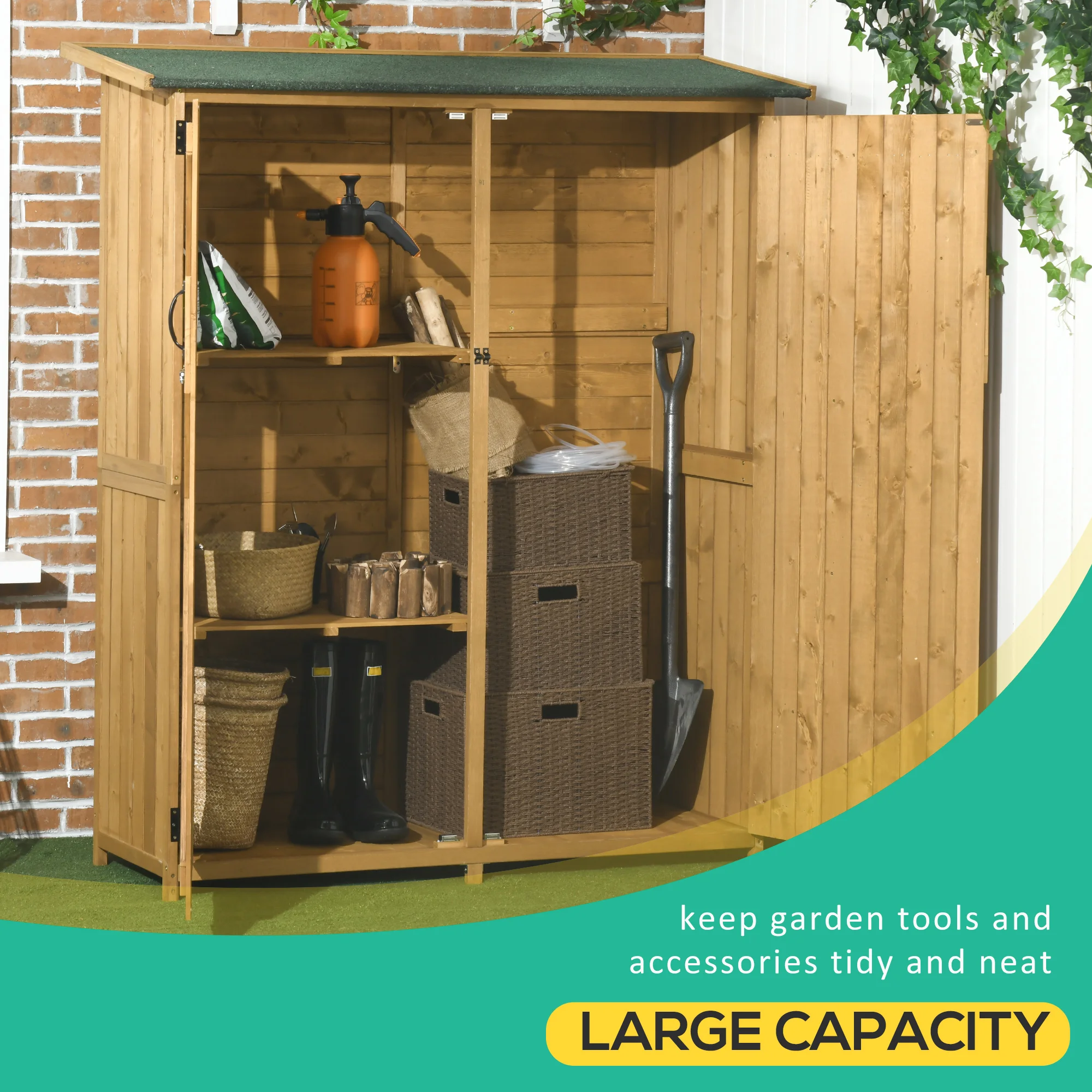 Wooden Waterproof Garden Storage Shed w/ Asphalt Roof, Shelves & Lock Backyard