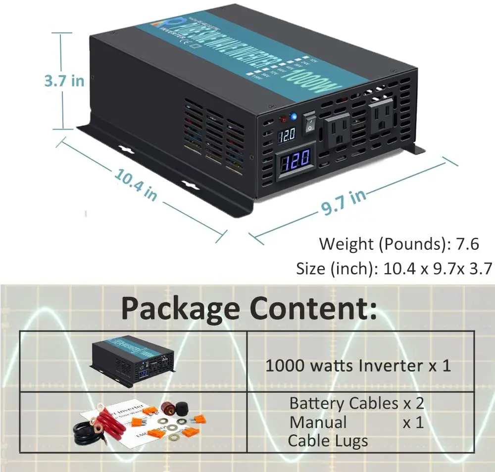 1000W Pure Sine Wave Solar Inverter 12V to 220V 50HZ Car Inverter Solar Power Bank Converter 12V/24V/48V DC to 120V/230V/240V AC