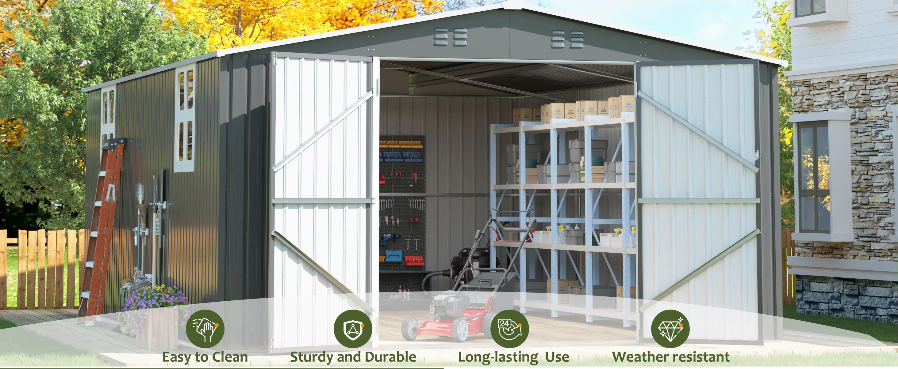 VIWAT 10x10~12x18FT Outdoor Metal Storage Shed, Metal Garden Shed with Updated Frame Structure & Lockable Door, Tool Shed For Backyard Patio Graden