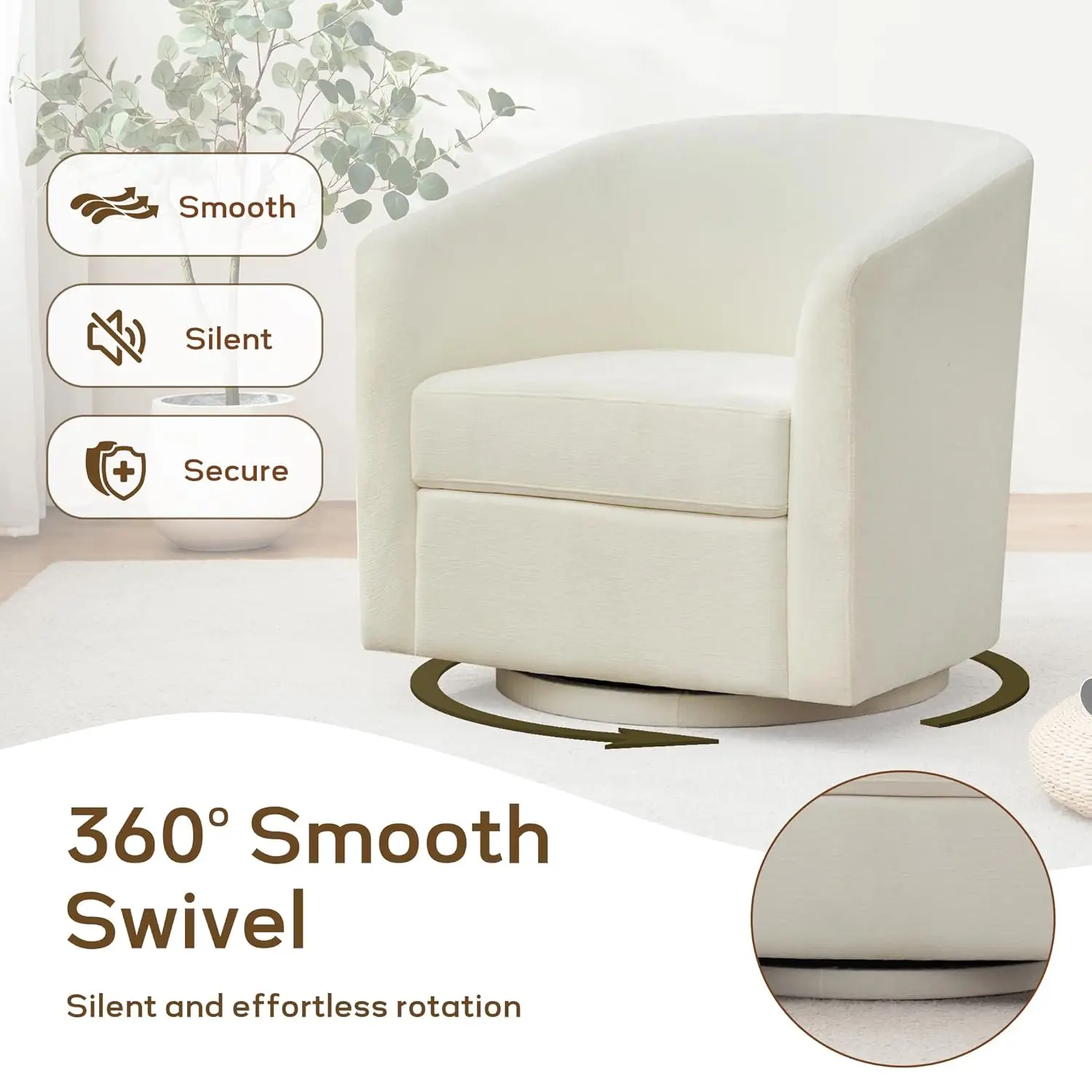 Chenille 360°Swivel Barrel Chair Upholstered Armchair Bedroom Apartment Reading Nook Cream White,Customized