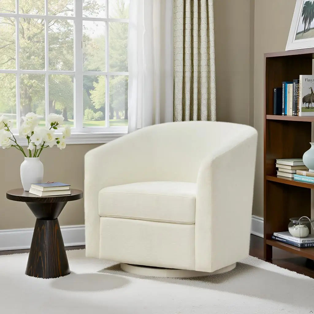 Chenille 360°Swivel Barrel Chair Upholstered Armchair Bedroom Apartment Reading Nook Cream White,Customized