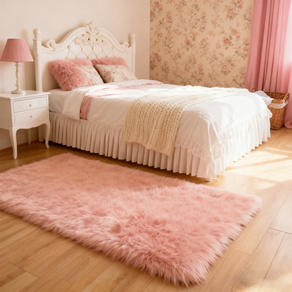 Pink Area Rugs 10x12 Fluffy Fuzzy Furry Rug for Girls Bedroom Living Room Faux Sheepskin Fur Shaggy Plush Rectangle Rugs