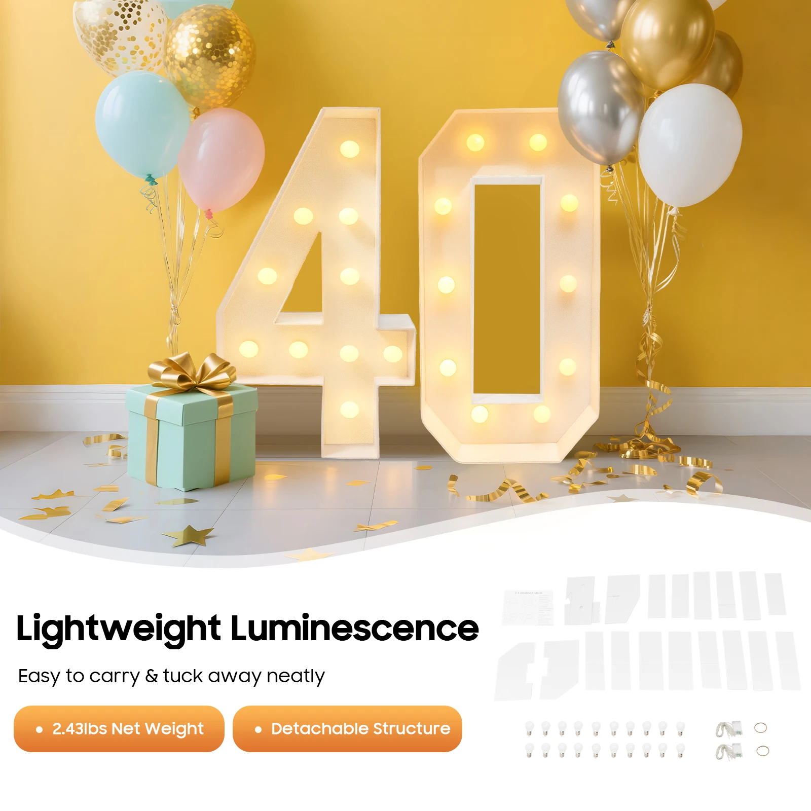 40 Light Up Numbers,40th Birthday Party Decoration,KT board 20 LED bulbs Warm Color Backdrop Pre-Cut Frame Large for Celebration
