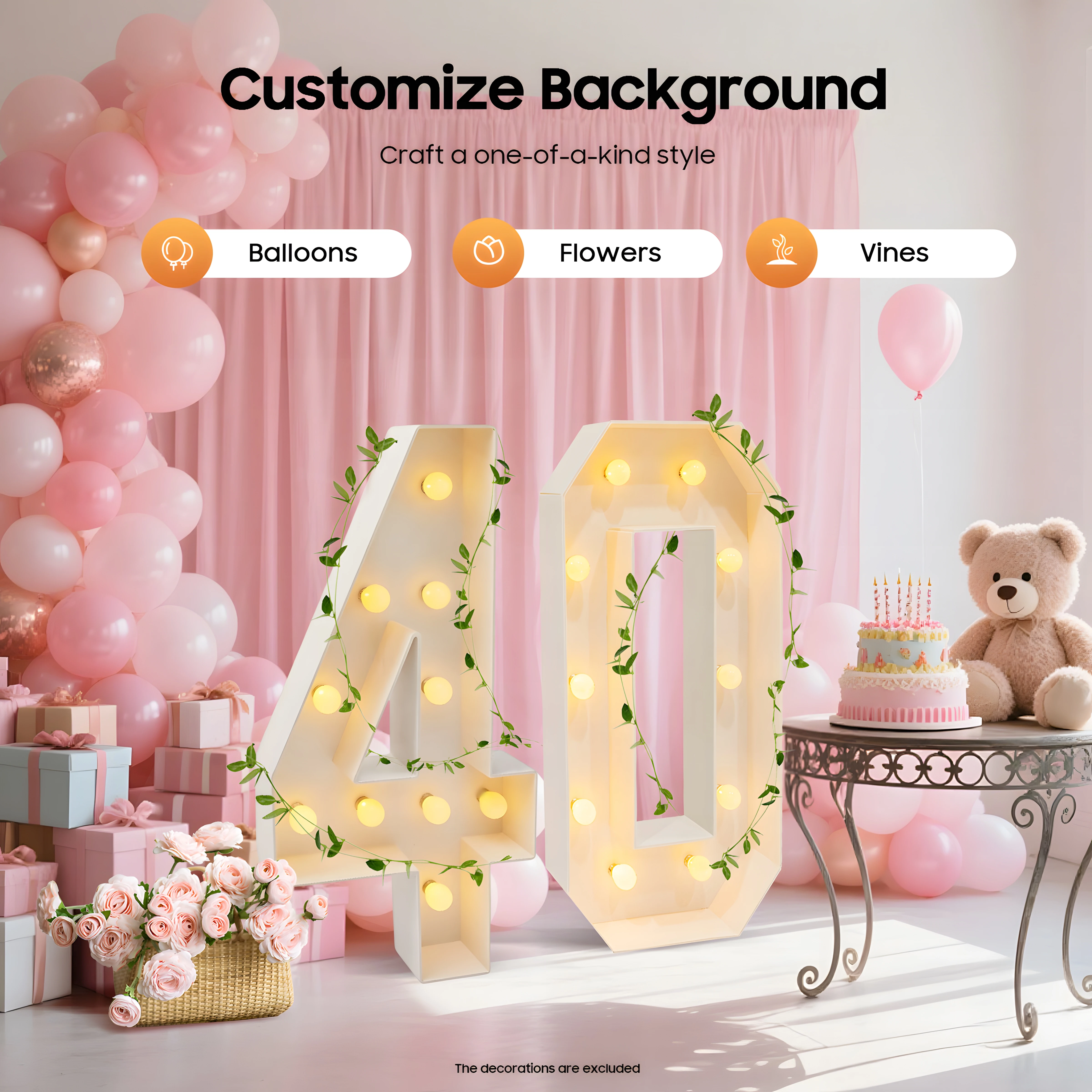 40 Light Up Numbers,40th Birthday Party Decoration,KT board 20 LED bulbs Warm Color Backdrop Pre-Cut Frame Large for Celebration