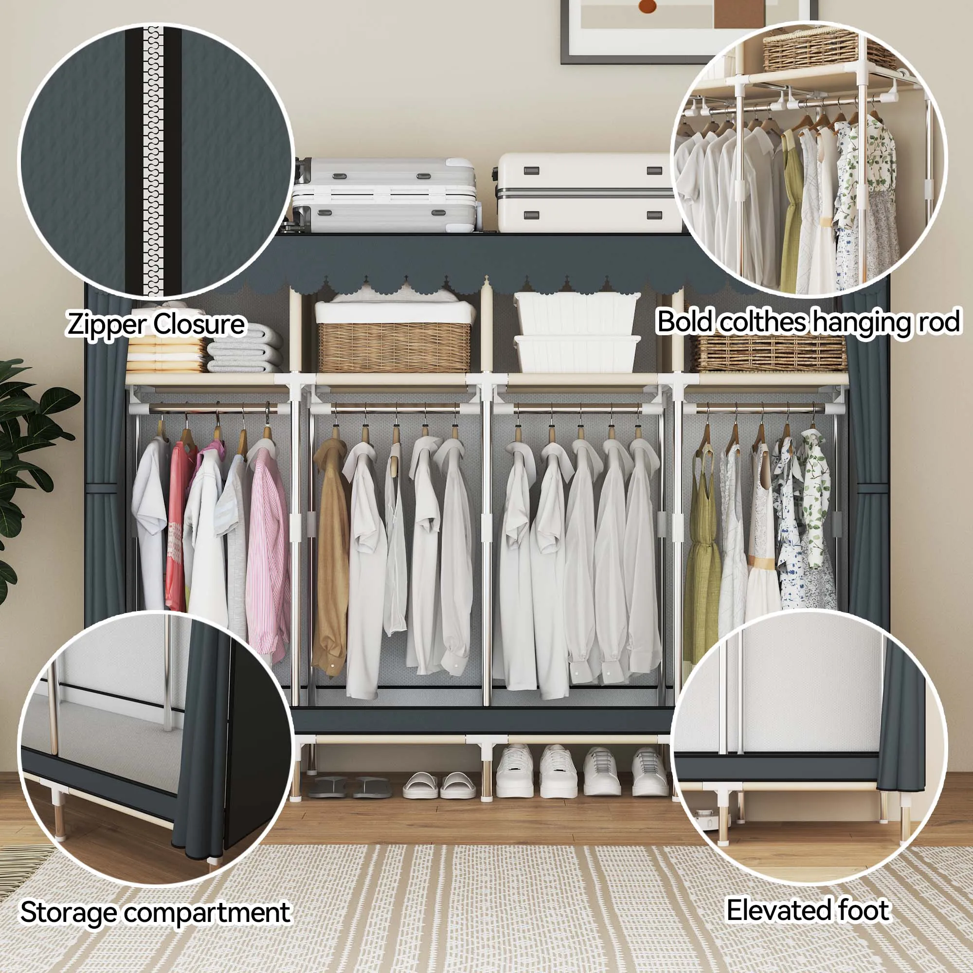 Heavy Duty Fabric Wardrobe 78.7x17.7x66.9in - 4 Hanging Rods & 4 Storage Spaces, 16mm Metal Frame with Thick Dust Cover