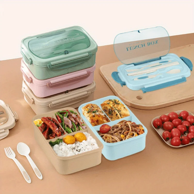 Lunch Box Set With Carry Bag: Microwave-Safe Sections, Rectangular Container For Adults, School & Office Use