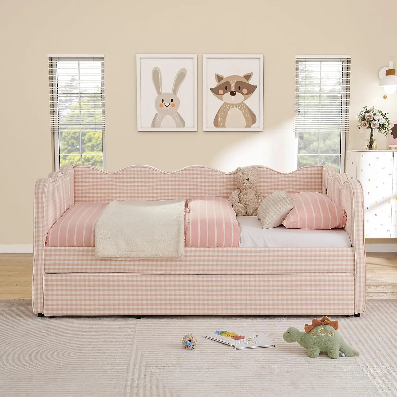 Twin Daybed Pop Up Trundle Linen Upholstered Convertible Sofa Bed Guest Room No Box Spring Customized