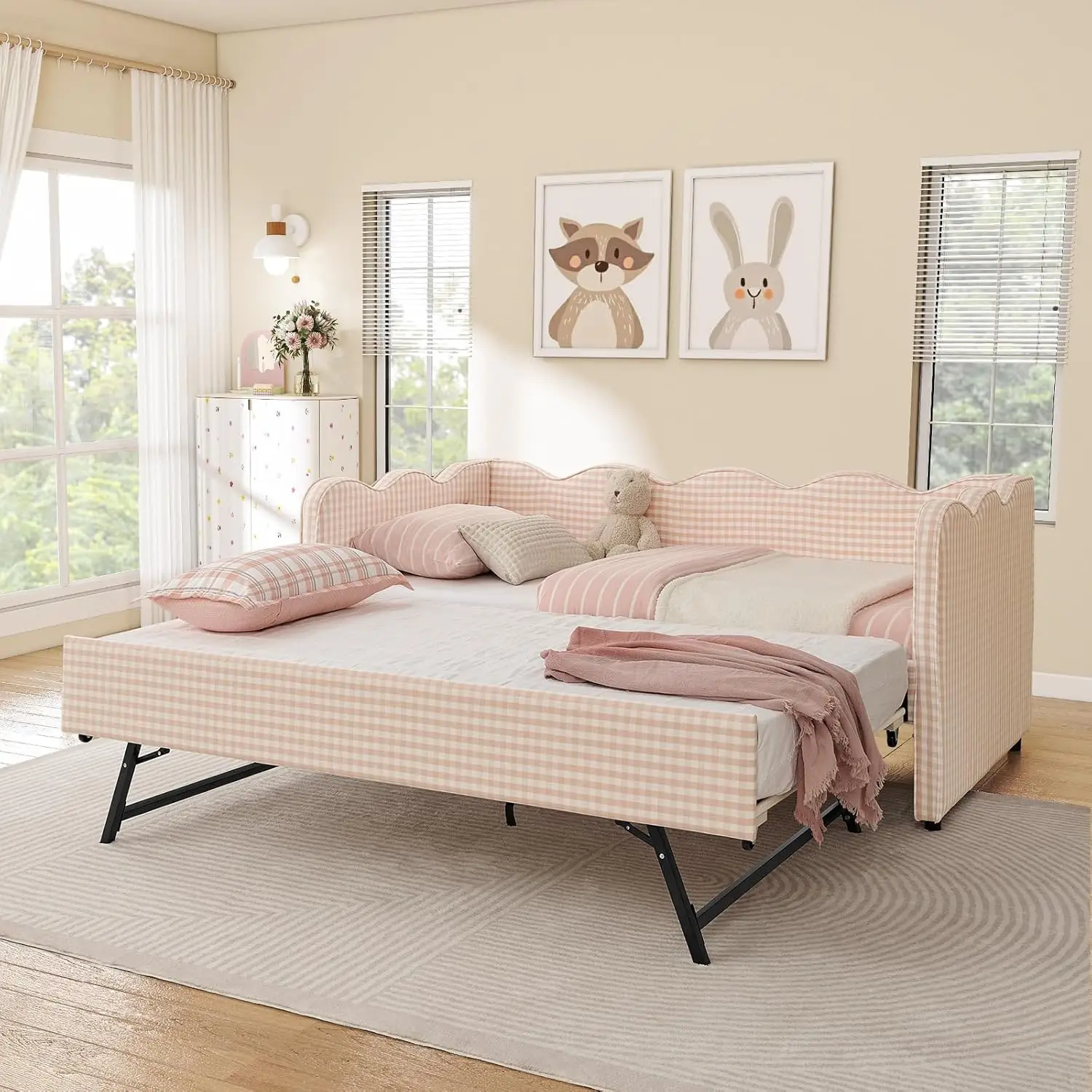 Twin Daybed Pop Up Trundle Linen Upholstered Convertible Sofa Bed Guest Room No Box Spring Customized