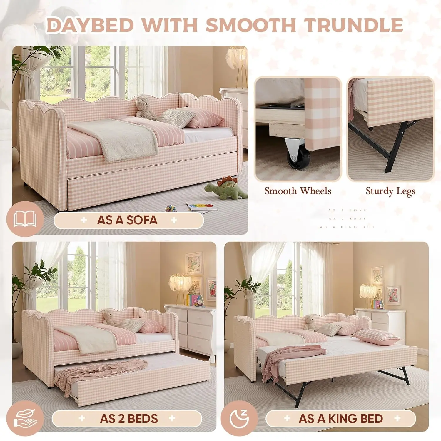 Twin Daybed Pop Up Trundle Linen Upholstered Convertible Sofa Bed Guest Room No Box Spring Customized