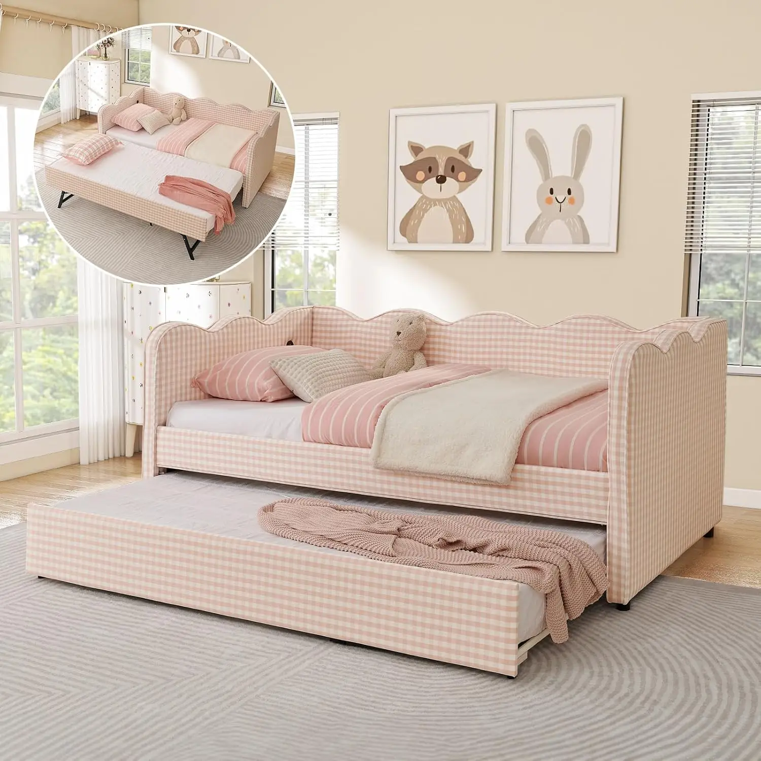 Twin Daybed Pop Up Trundle Linen Upholstered Convertible Sofa Bed Guest Room No Box Spring Customized