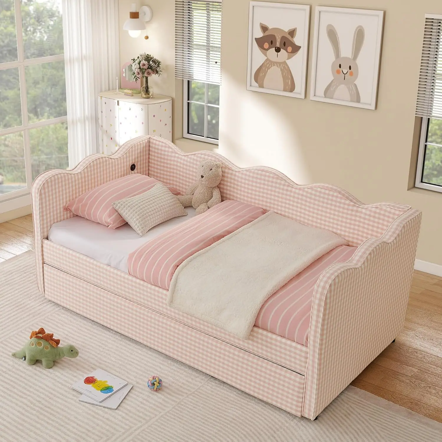 Twin Daybed Pop Up Trundle Linen Upholstered Convertible Sofa Bed Guest Room No Box Spring Customized