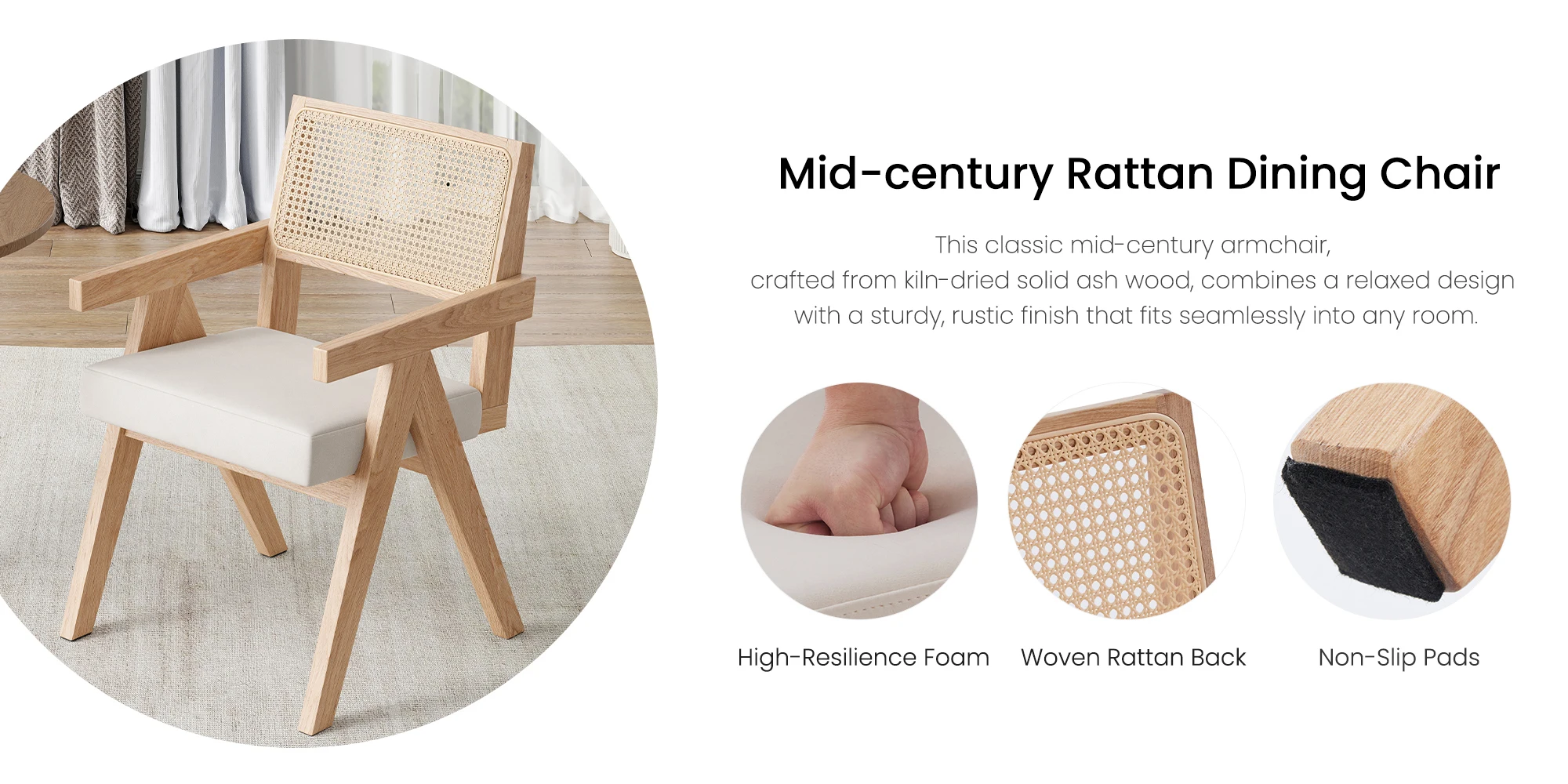 Set of 2 Mid-Century Rattan Dining Chair, Solid Ash Wood Frame, Woven Rattan Back, High-Resilience Foam, Non-Slip Pads